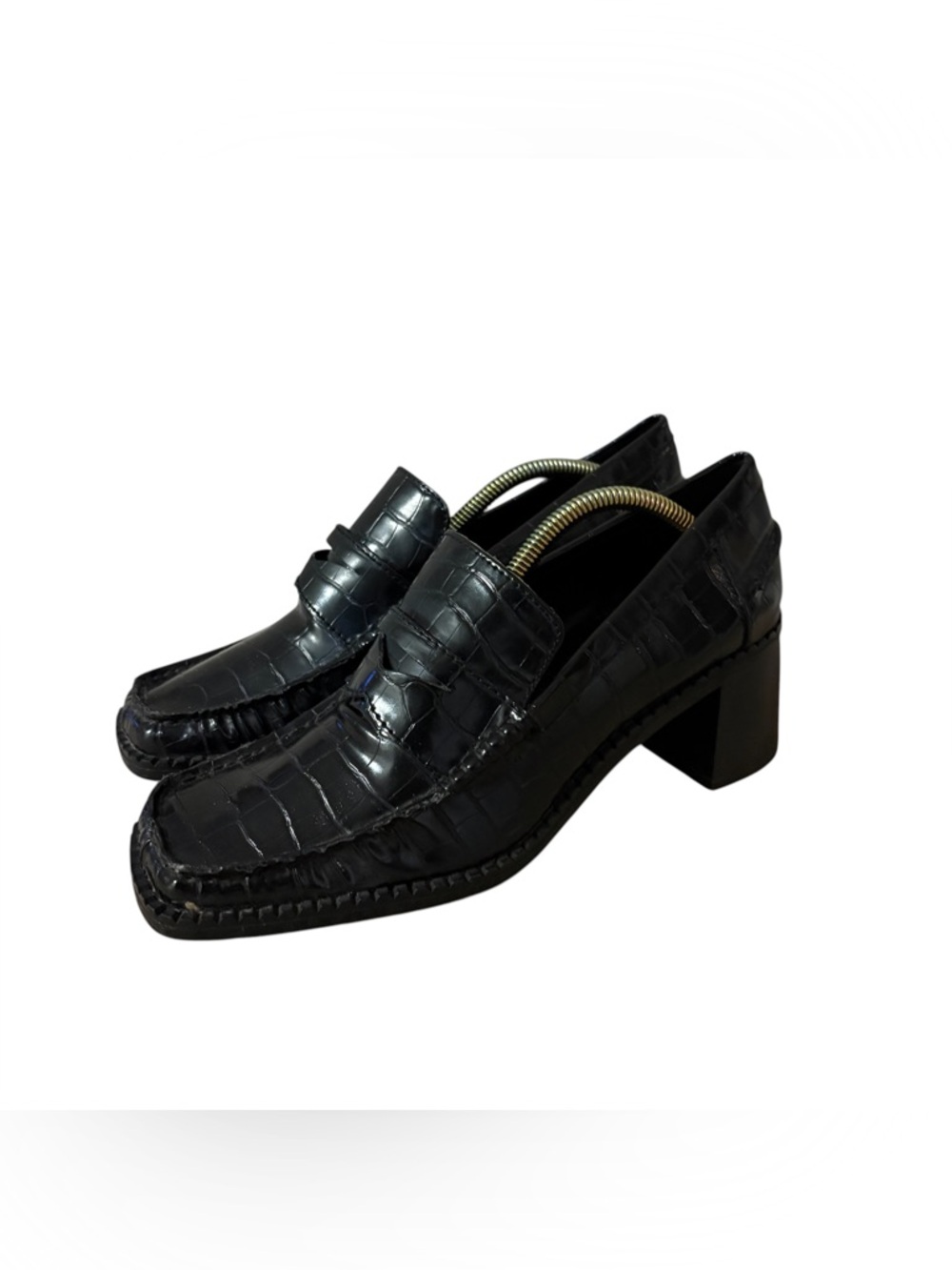 Zara Black Croc-embossed Block Heel Penny Loafer Size 39